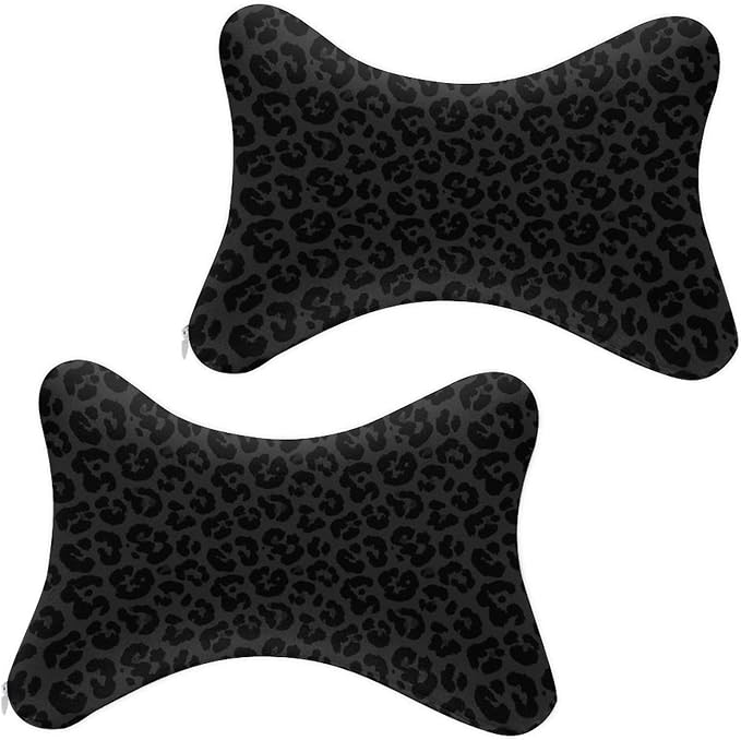Car Neck Support Pillow 2 Pcs for Neck Pain Relief, Compatible with Dark Gray Black Leopard Cheetah Print Bone Shape Headrest Pillow for Car Seat with Soft Memory Foam
