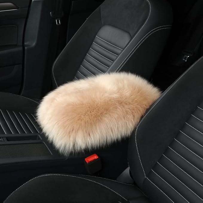 Sheepskin Armrest Cover Auto Center Armrest Cover Car Soft Console Pad, Fluffy Wool Auto Center Console Cover for Most Car Arm Rest Decoration Protector 9 x 14 Inch (Long Wool, Khaki)