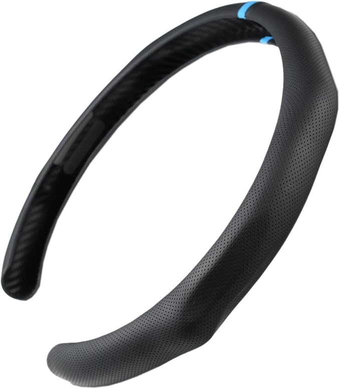Quick Install Sporty Perforated Nappa Leather Steering Wheel Cover with Blue Stripe Universal fit 14½" to 15" Car SUV Pickup 14.5 to 15 inches Napa