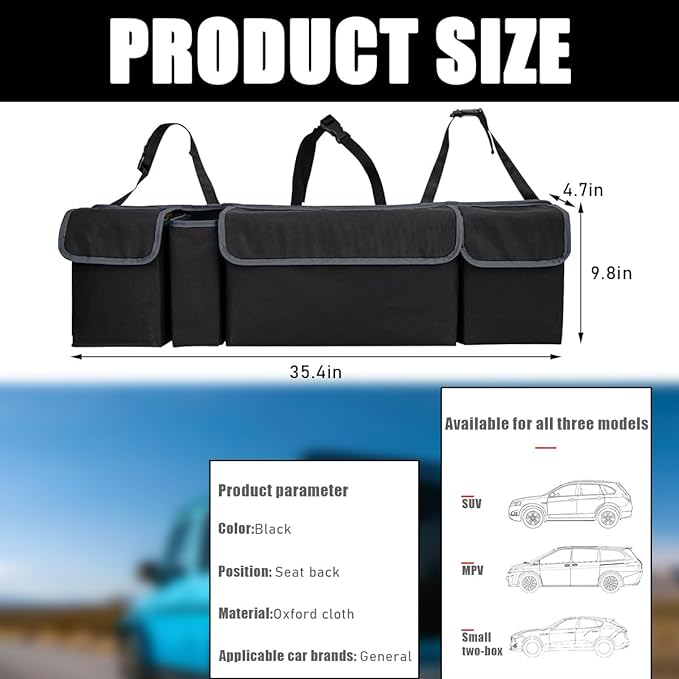 Car Trunk Organizer, Oxford Backseat Storage Bag with 4 Pockets, Waterproof Adjustable Large Capacity Hanging Collapsible Bag for Most Vehicles, Universal Car Accessories