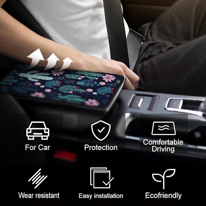 1pc Center Console Armrest Cover Pad 12.6x7.5 inch Cactus Neoprene Car Armrest Cushion Waterproof Armrests Seat Box Cover Protector for Universal Cars Vehicles SUVs
