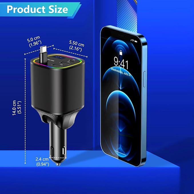 Car Charger USB C, 4in1 Car Phone Charger with USBC Retractable Cable for iPhone Android Fast Charge, AGEMANY 78W Cigarette Lighter Adapter with Voltage Display, 12V/24V Car Accessories Gift (Black)