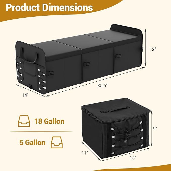18 Gal Car Trunk Organizer with Lid, 3-Compartment Portable Storage Box with Leakproof Cooler Bag, Shoe Storage, Dividers & Adjustable Securing Straps, Collapsible Trunk Organizer for SUV,