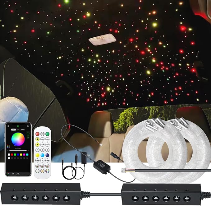 AZIMOM 6LED Colorful Fiber Optic Starlight Headliner Kits 720pcs*0.03in*9.8ft Fiber Strands APP& Remote Control Mix Color Chase Timing Fiber Optic Star Light for Car Home Sky Star Decoration