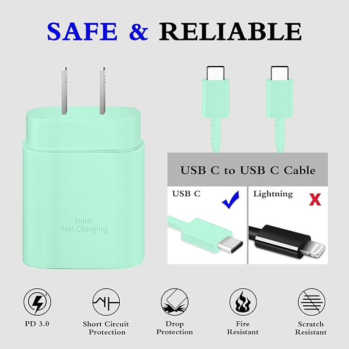 Type C Charger, 2-Pack 25W Type C Chargers Fast Charging Block with 6ft USB C Charger Cable Compatible with Galaxy S23 Ultra/S23+/S22/S21/S20/Phone 16/16 Plus/16 Pro Max/15/15 Pro Max/15 Plus-Green