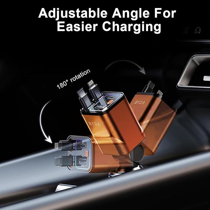 4 in 1 Retractable Car Charger,69W Cigarette Lighter Charger,USB C Fast Car Charger for iPhone 17 Pro Max 16 15 14 13 12 11 (for Apple+Type C &RGB Breathing Light [Orange])