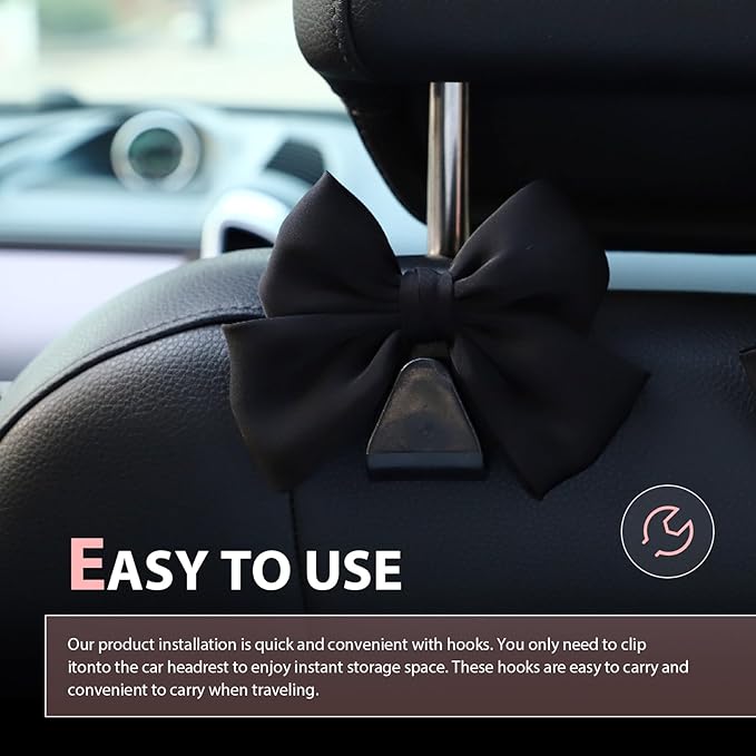 2PCS Car Seat Headrest Hooks, Cute Bow Purse Hook for Car, Vehicle Rear Seat Storage Hooks Hanger for Bag, Umbrellas, Purses, Universal Auto Interior Decorating Accessories (Satin-Black)