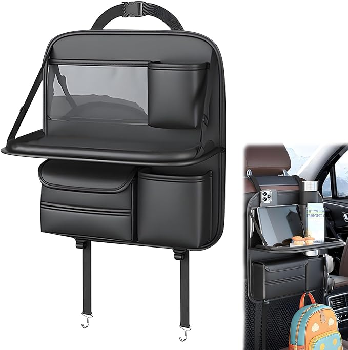 Universal Premium Leather Foldable Car Backseat Organizer with Table Tray, Seat Back Protector with Touch Screen Pad Phone Holder, Car Storage Pockets Tissue Holder with School Bags Hooks