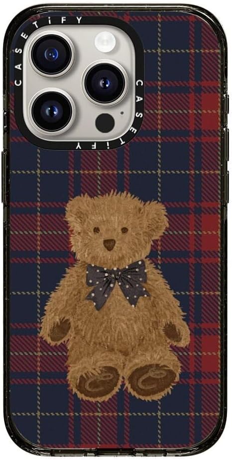 CASETiFY Impact Case for iPhone 15 Pro [8.2ft 4X Military Grade Drop Protection/Compatible with Magsafe] - Teddy Bear Plaid - Clear Black