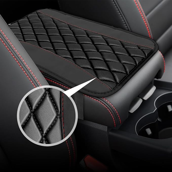 Car Center Console Cushion Pad, Arm Rest Covers, 12.6"×7.5" Leather Waterproof Auto Armrest Seat Box Protector, Auto Comfortable Center Console Cover Universal for Most Vehicles (Black Red)