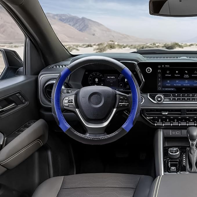 Mandark Car Steering Wheel Cover, Elastic Sport Leather Vehicle Steering Wheel Protector, Non-Slip Soft Grip Padded Auto Interior Protective Accessories, 14.5-15 Inch Universal Fit（Blue）