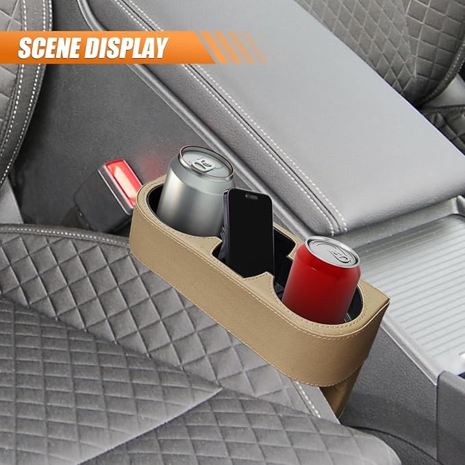 Car Cup Holder, PU Leather Car Seat Gap Filler Organizer Cup Drink Holder, Multifunctional Coin Bucket Cell Mobile Phone Holders, Auto Front Console Storage Box for Most Cars (Beige)