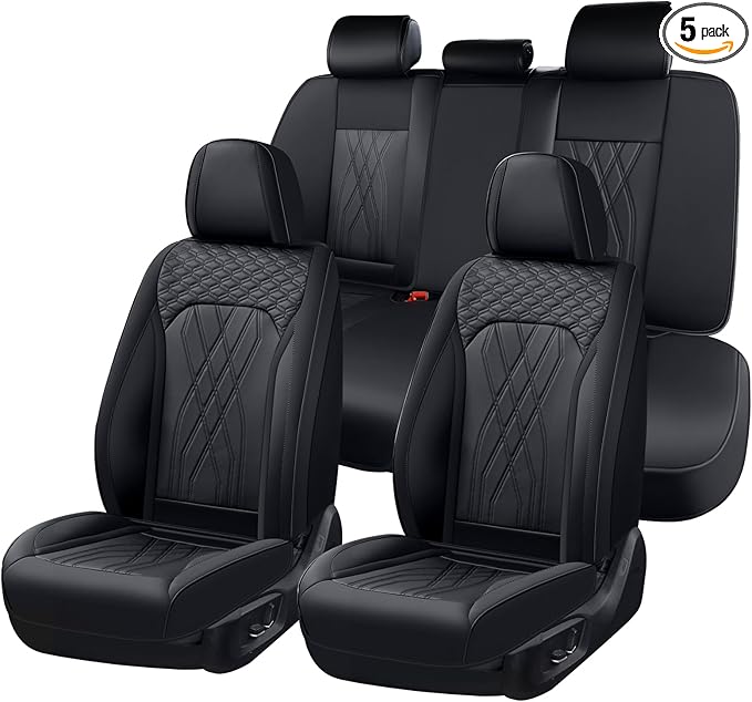 FLORICH Leather Cars Seat Covers Full Set Waterproof Automotive Seat Covers Front and Rear 5 Seats Full Wrapping Edge Seat Protector Cushion Universal Fit for Most Car Truck SUV, Black