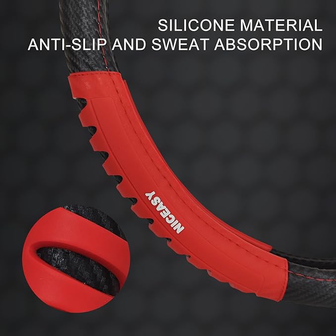 Sport Style Black Carbon-Fiber Steering Wheel Cover with Red Strip Grip Steering Wheel Accessory,Universal Fit 14.75-15 inch Steering Wheel