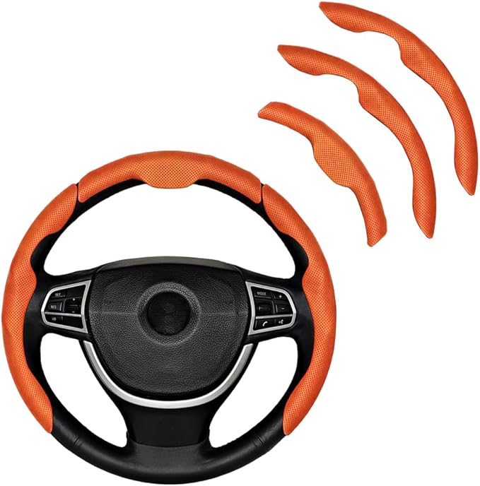 3PCS Car Steering Wheel Cover, Nappa Leather Breathable Non-Slip Segmented Steering Wheel Protector, Snap-on Auto Interior Decoration Accessories, Universal Fit (Orange)