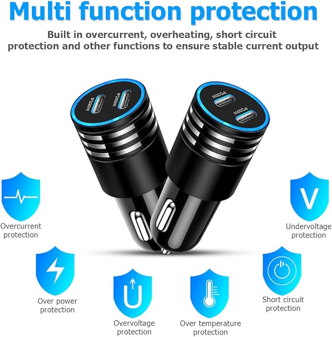 2Pack 60W USB Car Charger, 2 Ports Fast Charging Cigarette Lighter Adapter, Type C Mini Car Charger Adapter, Rapid Plug Power Delivery Compatible with iPhone Android Tablet or Other USB Device
