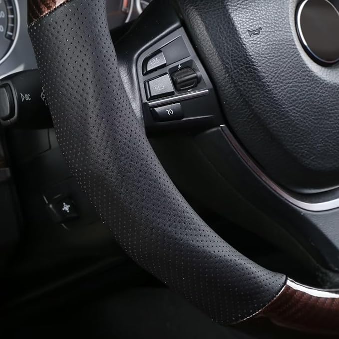 ALEMODR Brown Carbon Fiber Leather Steering Wheel Cover Universal 15 inch