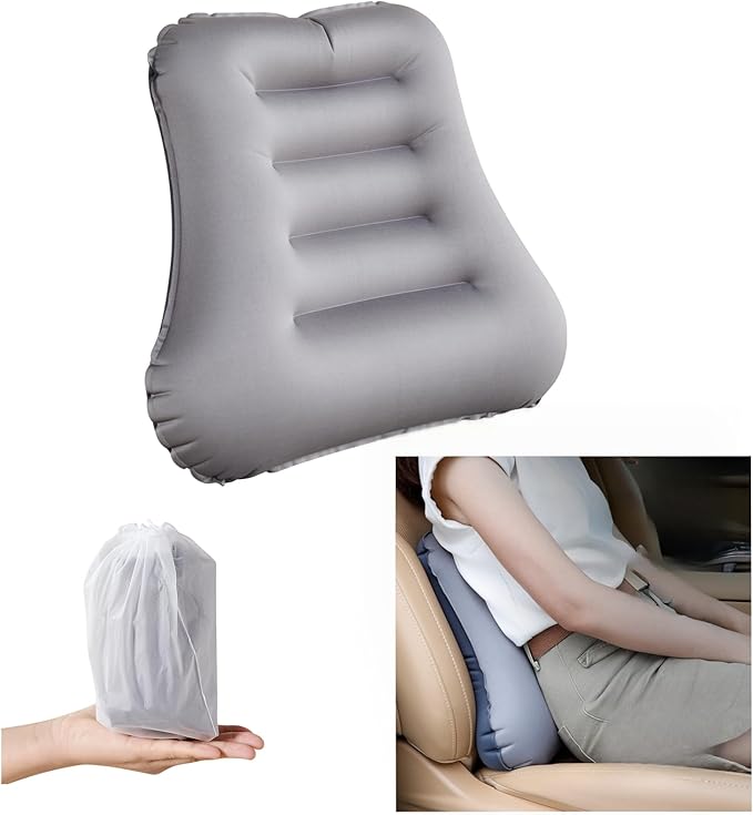 Inflatable Lumbar Support Pillow for Travel Seat and Office Chair, Back Support Pillow for Airplane Travel and Car, Lumbar Pillow for Lower Back Pain Relief and Improve Posture, Easy to Carry - Grey