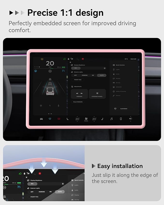 Farmogo Protector Trim Frame for 15.4'' Tesla Model Y & Model 3 Highland 2024-2026 Accessories with Wireless Silicone Charging Mat Screen Edge & Rearview Mirror Protector Frame (3 PCS Pink)