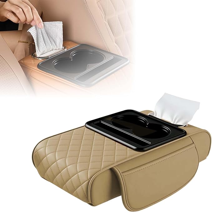 Multifunctional Car Armrest Cushion with Integrated Booster, 2026 Upgraded Universal Style Memory Cotton Car Armrest Box Pad, Car Center Console Armrest Pillow, with 2 Cup Holder (Beige)