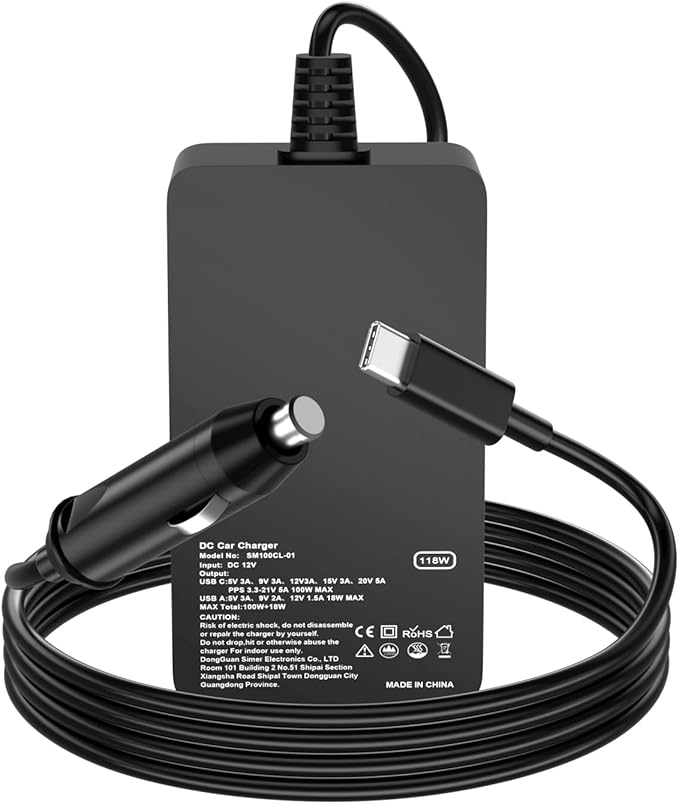 Laptop Car Charger 100W, USB C Port – Replacement for MacBook Pro/Air, Dell, HP, Lenovo,ASUS, Acer - with Extra USB-A Port for Tablets, Phones, Earbuds and More Other USBC Devices Computer AC Adapter