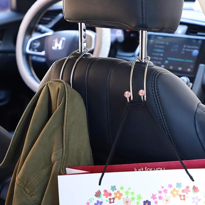 SAVORI Auto Hooks Bling Car Hangers Organizer Seat Headrest Hooks Strong and Durable Backseat Hanger Storage Universal for SUV Truck Vehicle 2 Pack (Pink)