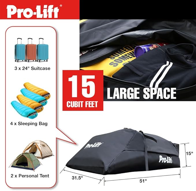 Pro-Lift Rooftop Cargo Carrier Waterproof – 15 Cubic Feet Softshell Roof Luggage Bag for All Cars with/Without Rack, Includes Anti-Slip Mat, Reinforced Straps, Door Hooks, Storage Bag