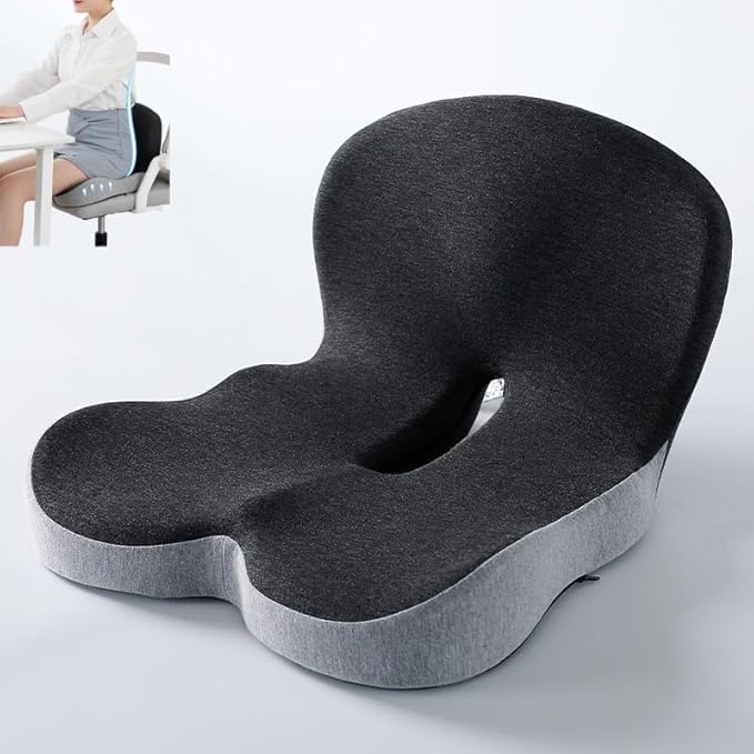 L-Shaped Memory Foam Seat Cushion with Lumbar Support-Ergonomic Car & Office Chair Cushion for Sciatica, Coccyx & Back Pain Relief Supports Hips & Back for Drivers & Long Sitting (Black Grey)