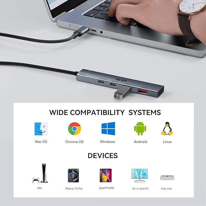ICZI USB C Hub, 10Gbps 4 in 1 USB 3.2 Adapter with 2 USB-C & A 3.2 4FT Cable, 4 Ports Splitter Extender for MacBook Pro/Air, iPad Pro, iPhone 15/15 Pro Max, Surface, PC, Laptops