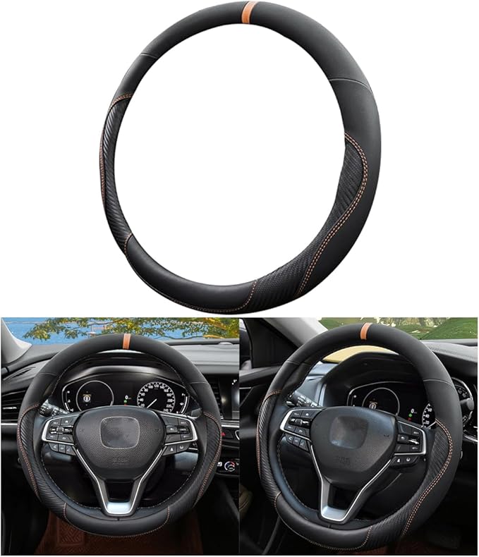Mandark Car Steering Wheel Cover, 15 Inchs Microfiber Leather Non-Slip Vehicle Steering Wheel Protector, Breathable Auto Interior Protection Accessories, Universal for SUV Sedan Truck (Black/Orange)