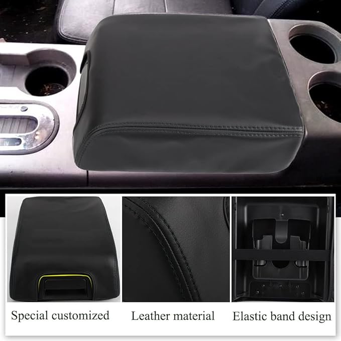 XITER 1PC Leather Center Console Armrest Box Cover Waterproof Cushion Pad for F150 2004-2008 Not Fit Jump Seat Console(Black Stitches)