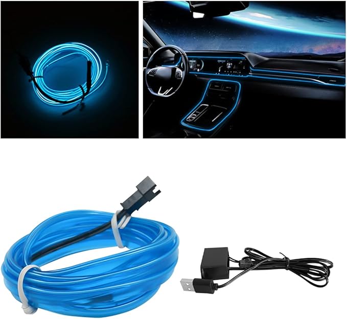 EL Wire LED Strip Lights, 10FT/3M USB Auto Neon Light Strip with Sewing Edge, Electroluminescent Car Ambient Lighting Kits with Fuse Protection, Car Decoration Accessories (Blue/10FT)