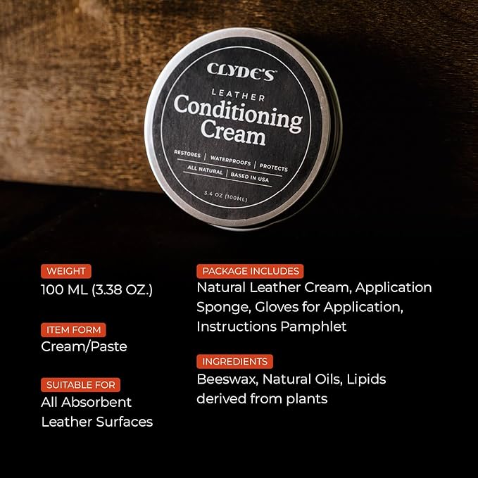 Clyde's™ Leather Conditioning Cream | All Natural, Non Toxic Formula | Restore & Repair Sofas, Car Seats, Shoes and More