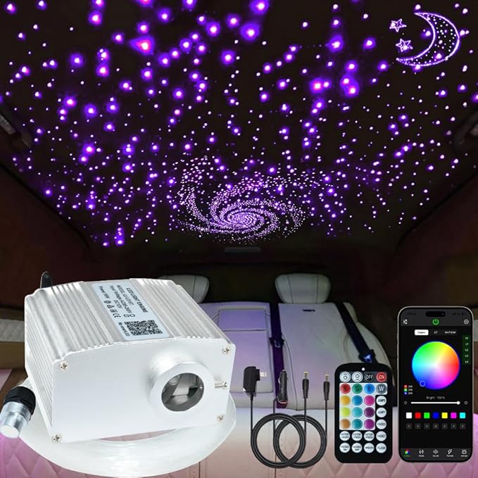 FIREWORK Starlight Headliner Kit, Fiber Optic Lights 10W RGBW Twinkle+Music Effect+APP+Remote, Mixed Diameter Fibers 420pcs of 9.8ft/3m (0.03+0.04+0.06in) for Star Lights for Car/EV & Home Ceiling