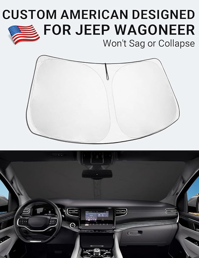 Proadsy 2026 Upgrade Windshield Sun Shade Custom Fit Jeep Wagoneer 2022-2025 2026 4-Layer Foldable Front Sunshade Protector Sun Visor Blocks UV Rays Keep Car Cooler Accessories