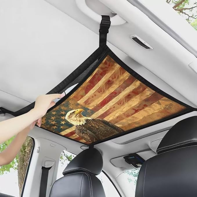 Eagle USA Flag Car Roof Storage Bag Car Organizer for Car Seat All Car Storage Organizer One-Size-Fits Car Travel Accessories