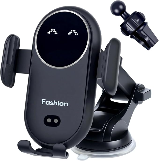 Wireless Car Charger Mount with Air Vent Clip & Suction Base, 15W Fast Auto-Clamping Charging Phone Holder for iPhone 17/16/15/14, Samsung S24/S23, etc.(Black)