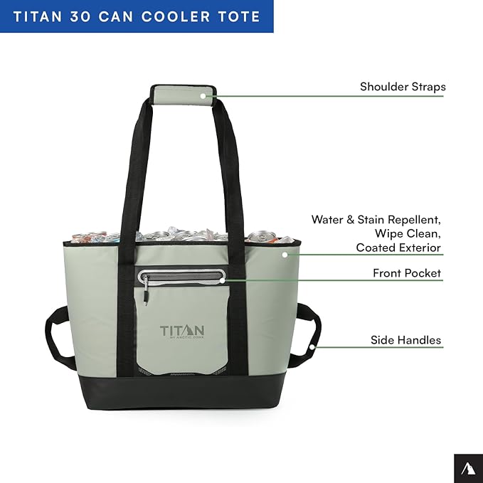 Titan by Arctic Zone Soft Sided Cooler Tote, Insulated Bag with Handle, Shoulder Strap, and Zipper for Lunch, Picnic, and Travel, 30 Can Capacity