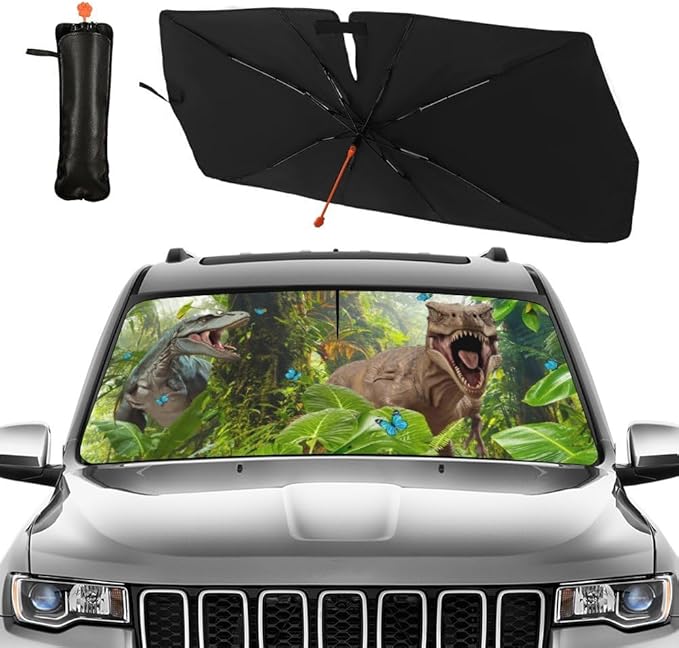 CHILL·TEK Funny Animal Car Windshield Sun Shade Umbrella, Cute Dinosaur Car Sun Shade Umbrellas, Block UV Rays Heat Foldable Windshield Umbrella Sun Visor Protector - Keep Vehicle Cool for Cars SUV