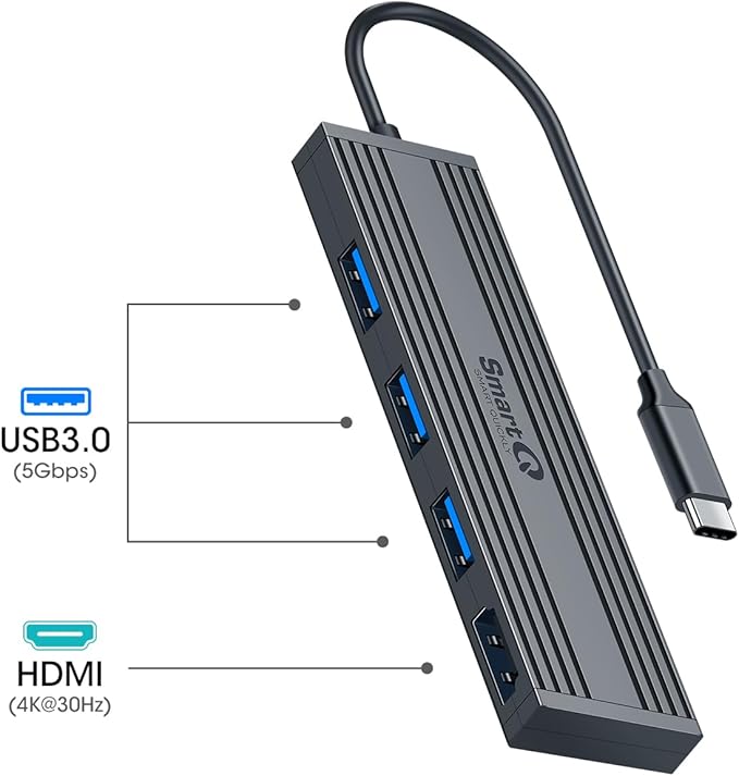 4-Port USB 3.0 Ultra-Thin Data Hub USB Distributor, Suitable for MacBook, Mac Pro/Mini, iMac, Surface Pro, XPS, laptops, USB Flash Drives, Mobile HDD, Printers, and More… (Slim USB C - 0.5 ft)