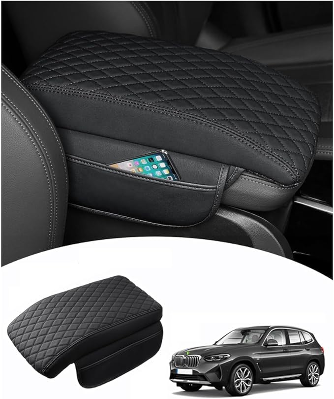 Shademax BMW X3 Center Console Cover, BMW X3 Accessories 2018-2023 2024 Memory Foam Armrest Cover Center Console Pad PU Leather Armrest Seat Box Cover Protector with Pockets Storage Bag
