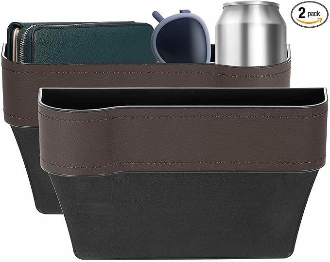 HARFINGTON 2pcs Car Seat Gap Filler Organizer 10.2 x 6.5 x 3.1 Inch ABS+Leather Universal Car Organizer Storage Box Between Seat and Console (Left+Right) with Cup Holders for Phone, Brown