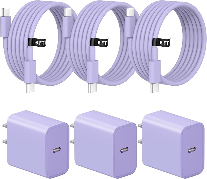 iPhone 17 16 15 Charger Fast Charging 3 Pack USB C Charger Block Type C Chargers 6FT Cord Wall Chargers Compatible with iPhone Air/17/17 Plus/17 Pro/17 Pro Max/16/16 Plus/16 Pro/16 Pro (Purple)