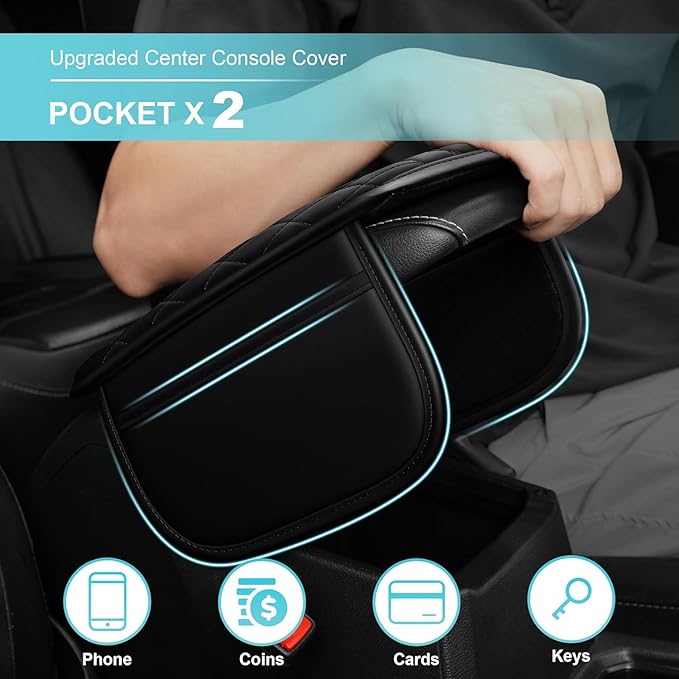 Center Console Cover Fit for Kia Sportage 2005-2025 with 2 Storage Bags Waterproof Leather Quilted Pattern Car Armrest Cover Cushion Anti - Slip(Black)