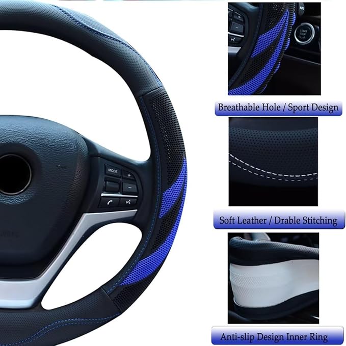 Alusbell Microfiber Leather Steering Wheel Cover Breathable Auto Car Steering Wheel Cover for Men Large-Size with 15 1/2 inches-16 inches Outer Diameter Blue