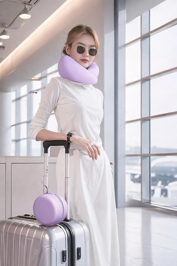 Neck Travel Pillow |100% Pure Memory Foam Neck Pillow Comfortable & Breathable Cover, Machine Washable for Travel, Airplane, Car Rides, & Home Use, Travel Kit with Bag (Purple)