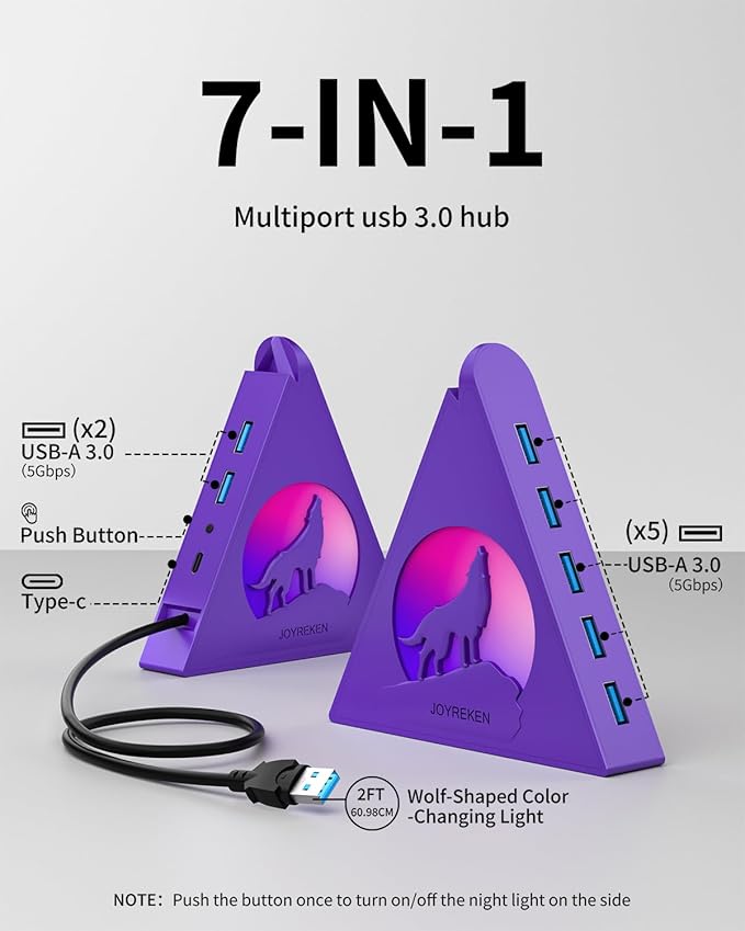 Deep Purple 7-Port USB 3.0 Hub, RGB Vertical Gaming USB Hub Tower with 5Gbps Data Transfer, 2FT Cable - USB Hub Splitter for PC, MacBook, Laptop, PS5, Flash Drives