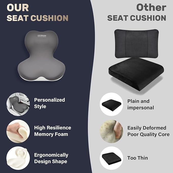 Coverado [Upgraded] Car Seat Cushion and Lumbar Support Pillow One Piece, Memory Foam Ergonomic Back Support Driving Seat Cushion for Back Pain, Non-Slip Washable Cushion for Car, Driver, Office