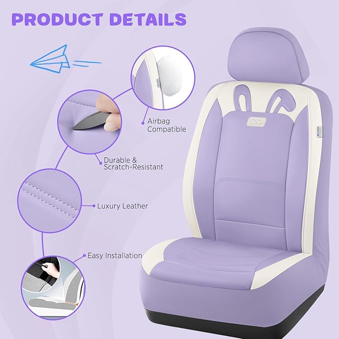PIC AUTO Car Seat Covers, Cute Rabbit Premium Purple Leather Seat Covers, Universal Fit Front Seat Covers for Cars, Trucks, SUVs, Soft & Wear-Resistant Auto Interior Protection with Airbag-Compatible