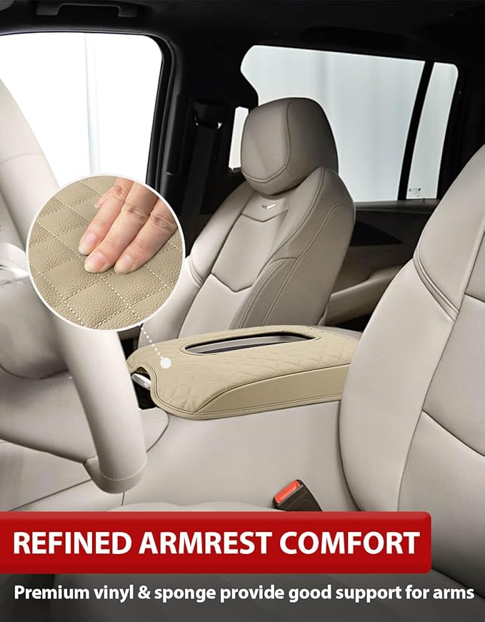 KBH Center Console Armrest Cover for Cadillac Escalade 2015 2016 2017 2018 2019 2020, Vinyl Leather Trim, Middle Console Arm Rest Lid Cushion Pad, Anti-Scratch, Beige
